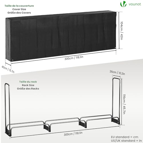 VOUNOT Kaminholzregal Aussen Metall, Brennholzregal Außen, Feuerholzregal Outdoor mit wasserdichte Abdeckung, 300 x 116 x 26 cm, Schwarz