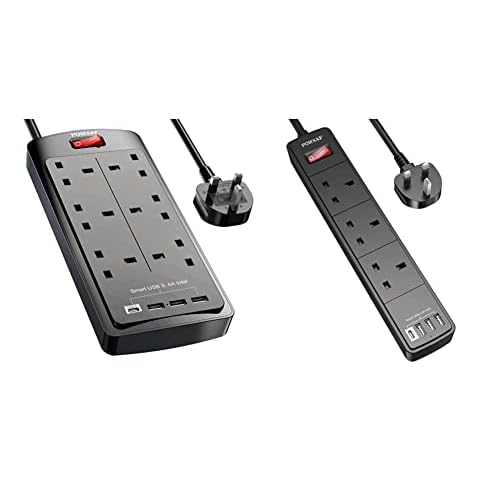 6 Way Extension Lead with 4 USB Slots ,POWSAF Power Strip Extension Cord with 6 Plug Extension Socket and 2M Extension Cable for Home Office Travel,Black & Extension Lead with 4 USB Slots,Black Cover