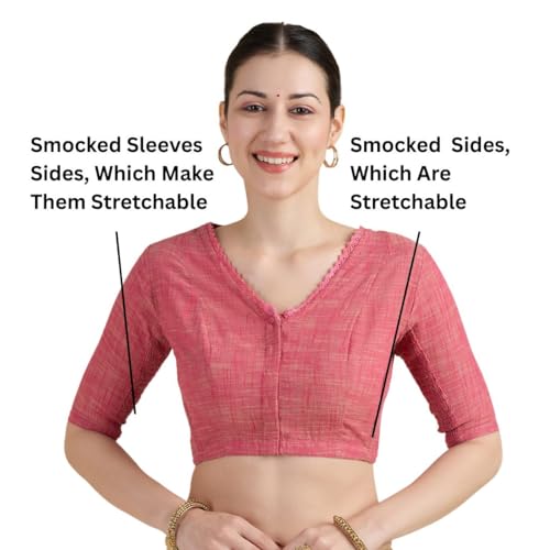 Image of Studio Shringaar Women's Handloom Cotton Side Stretchable (Smocked) Readymade Saree Blouse with Crochet Neckline