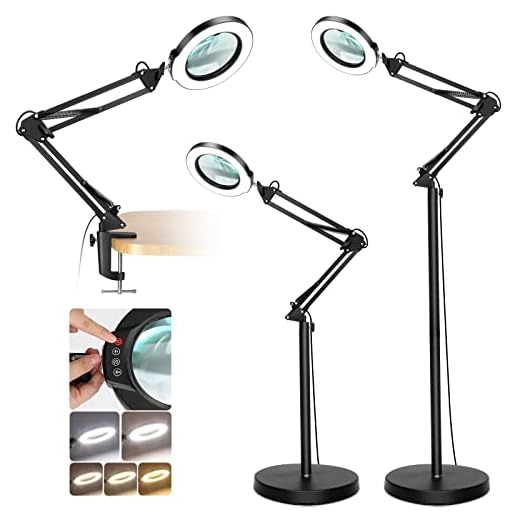 5X Magnifying Glass with Light and Stand, Krstlv LED 5 Color Modes, Stepless Dimmable Magnifying Floor Lamp, 3-in-1 Adjustable Swing Arm Lighted Magnifier Lamp with Clamp for Reading, Craft, Esthetic