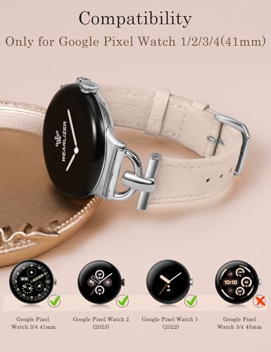 Image of Wearlizer Leather Bands Compatible with Google Pixel Watch 4 /3 41mm /Pixel Watch 2 /1 Band Women, Dressy Designer Slim Leather Strap with D-Shape Metal Buckle for Pixel Smartwatch Accessories