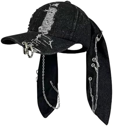 CORIRESHA Cute Bunny Hat with Ears Y2k Grunge Metal Iron Ring Chain Distressed Denim Baseball Cap