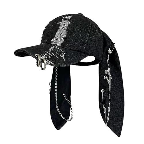 CORIRESHA Cute Bunny Hat with Ears Y2k Grunge Metal Iron Ring Chain Distressed Denim Baseball Cap