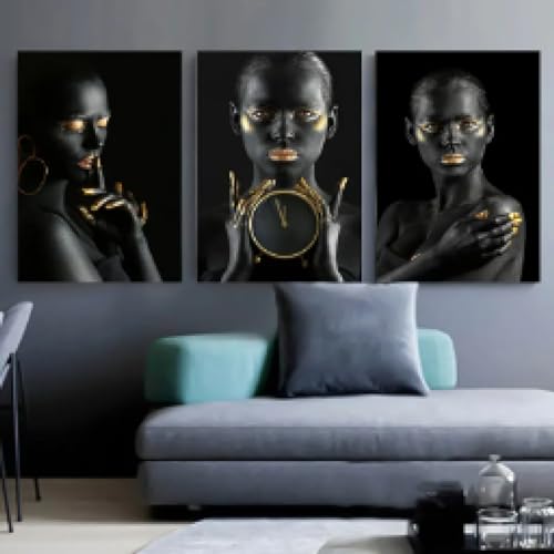 Peinture sur toile femme africaine or noir KEBIA trio d'art mural scandinave salon 20x30 cm