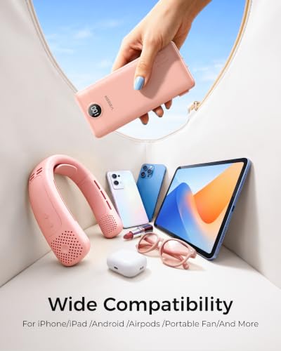 Image of VEGER Portable Charger with Built-in AC Plug and Cables, All in One 10000mAh Ultra Slim Power Bank Travel Essentials, USB C External Battery Pack Compatible with iPhone, Samsung, More, Dark Pink