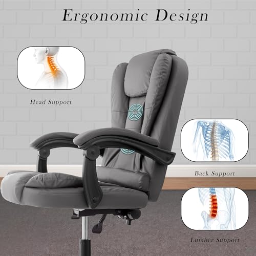 Image of Casa Copenhagen Italia Premium Leatherette Office Chair for Work | Boss Chair, Ergonomic Executive, Luxurious Cushioned Arms & Seat, 2 Point Back Massager, Heavy Duty Metal Base (Grey)