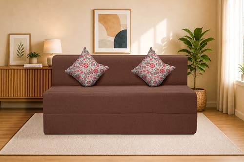 Image of Two Seater Sofa Cum Bed Jute Fabric 4 X 6 Ft| Space Saving Foldable Sofa Bed for Living Room & Guest Room | Comfortable Multi-Functional Furniture - Brown