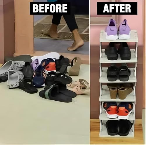 Image of STELITE 5-Layer Plastic Shoe Rack for Home | Stackable & Adjustable Foldable Shoe Organizer Shelf | Space-Saving Storage Stand with Book & Shoe Slots (Green, Medium)