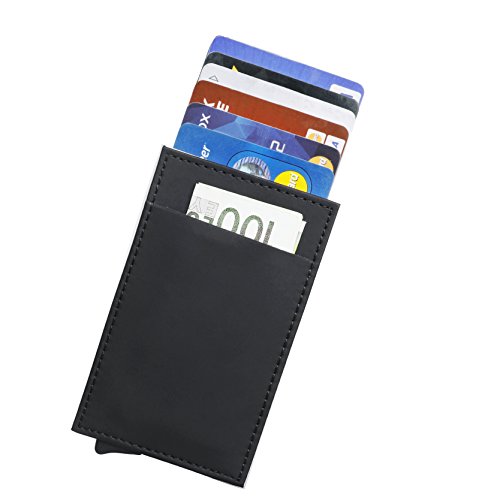 RFID Carte de crédit Titulaire de Automatique Pop-up en Aluminium Blocage Étui en Cuir Entreprise Slim Mini Porte-Monnaie (001Noir+)