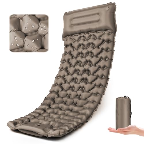 Yewkoisl Camping Sleeping Pad-4' Thick, Ultralight 1.9lbs Backpacking Air Mattress with Built-in Pillow & Foot Pump, Compact Inflatable Mat for Hiking Tent Road Trip, One-Second Deflation Khaki