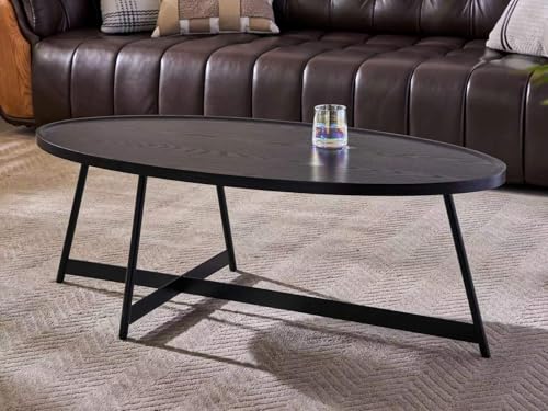 Image of Shrine Wood Coffee Table, Walnut Table for Living Room, Metal Wood Table, 43.3" D x 21.6" W x 15.7" H, Black Wood Base & Metal Frame