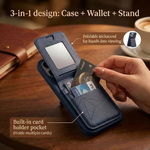 Image of amazon basics Premium Vegan Leather Back Cover with Card Holder and Integrated Mobile Stand for iPhone 13 Pro Max - Slim Shockproof Wallet Case with Geometric Stitching [Blue]
