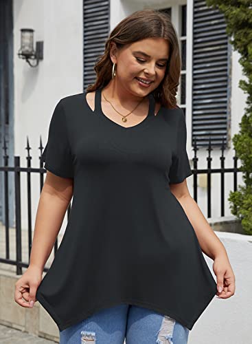 Bulotus Plus Size Tops For Women Short Sleeve Tunics To Wear With Leggings Cut Out V Neck T Shirts, Black, Xxx-Large #TOP1