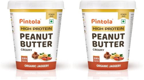 Image of Pintola HIGH Protein ORGANIC JAGGERY Peanut Butter Creamy 510g with 33g Protein & 7g Fiber, Whey Protein Peanut Butter, Gluten Free, Zero Added Salt, Cholesterol Free, 100% Roasted Peanuts (Pack of 2)