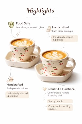 Image of OCEAN STORE Ceramic Cherry Print Tea Cup with Saucer 250 ml | Aesthetic Coffee Cup Set | Cute Printed Ceramic Mug | Glossy Finish Cup for Home, Office & Cafe (4)