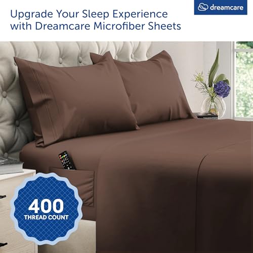 Image of DREAMCARE Queen Sheet Set - 4 pcs Breathable Cooling Sheets - up to 21 inch Extra Deep Pocket Queen Sheets Set with Side Pockets - Extra Soft 100% Brushed Hypoallergenic Hotel Luxury Bedding - Mocha Brown