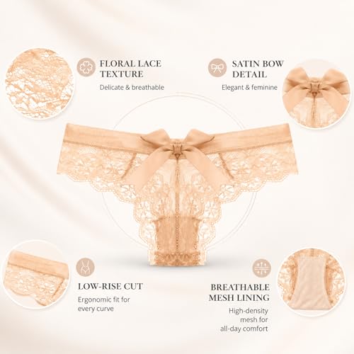 Image of sasiga Women Lace Bow Thongs,T Back Low Waist Panties Sexy V-Shape Design Floral Lace,Breathable Panties for Women 3-Pack