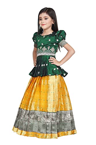 Image of FELIZ THE DESIGNER STUDIO Kids Green Pattu Pavadai Lehenga Choli for Girls (4-5 Years)