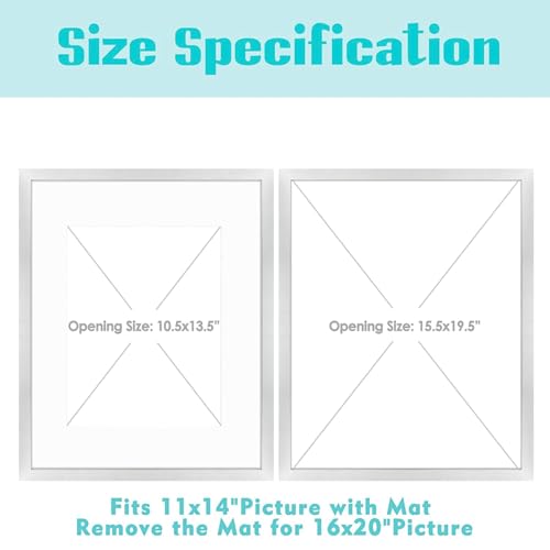 Image of Frametory, 16x20 Picture Frame with Mat for 11x14 Picture- - High Definition Glass Wide Molding - Preinstalled Wall Mounting Hardware (Silver, 1 Pack)