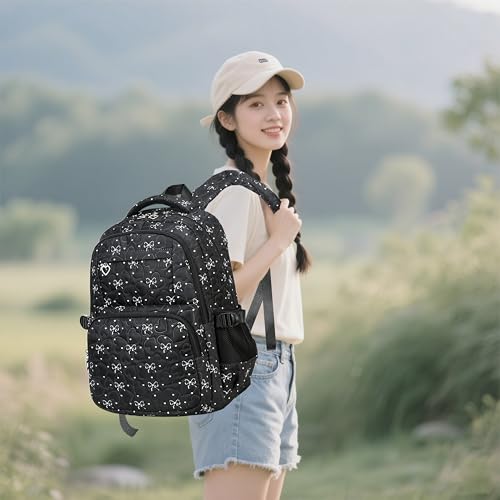 Girls Backpack Set with Bows Heart-shaped Lightweight Schoolbags for Girl Children Spacious Bookbag Waterproof(black)2