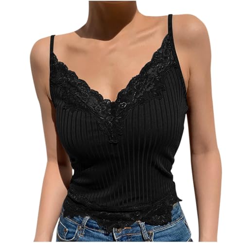 Tank Top Damen Gerippt Spitzen Unterhemden Tiefer V-Ausschnitt...