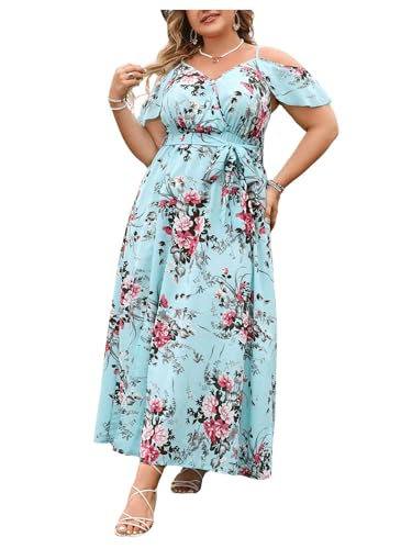 Image of Floerns Women's Plus Size Cold Shoulder Short Sleeve Split Thigh Long Dress