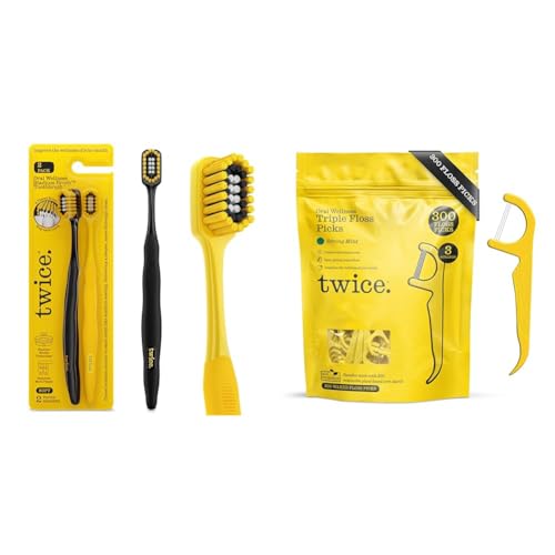 TWICE Soft Stadium Bristle Toothbrush 3-Tier Bristles Deep Clean Teeth Gums 2Ct & 3-Strand Floss Picks Dual Action Wax-Coated Eco-Friendly Cornstarch Handles Vegan Shred Resistant Strong Mint 300Ct image 2
