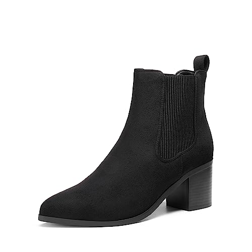 DREAM PAIRS Women's Retro Elastic Chelsea Ankle Boots Fashion Low Chunky Block Heel Pointed Toe Fall Heeled Booties Shoes 5 Black-suede