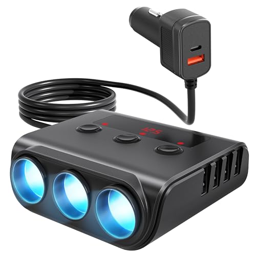 Funyord 9 in 1 Allume-Cigare 12V/24V, 3 Prises Chargeur Allume-Cigare, 180W Chargeur Voiture USB-C/QC 3.0/Type-C, avec Voltmètre LED et Interrupteur pour...