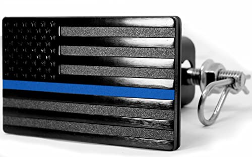 Mull Usa Flag Metal Trailer Hitch Cover With Anti-Rattle Hitch Pin Bolt (Fits 2" Receivers, Black With Thin Blue Line) #TOP1