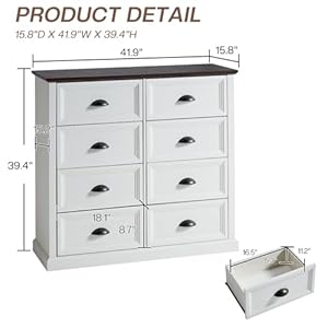 Farmhouse dresser wood rustic 394 tall 8 drawer dresser chest of drawers organizer storage for closet for bedroom living room distressed white  urban country home decor