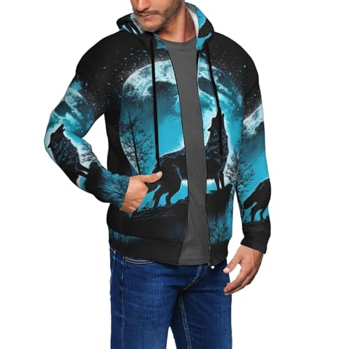 VOSERY Blue Full Moon Wolf Zip Up Hoodie Men - Casual Men's Fashion Hoodies & Sweatshirts, Long Sleeve Sports Hooded Jacket3