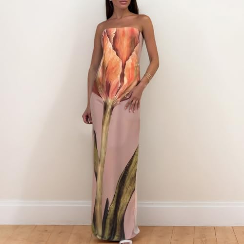 Image of Zwirelz Women Strapless Maxi Dress Boho Floral Print Flowy Long Tube Dress Off Shoulder Loose Beach Sundress
