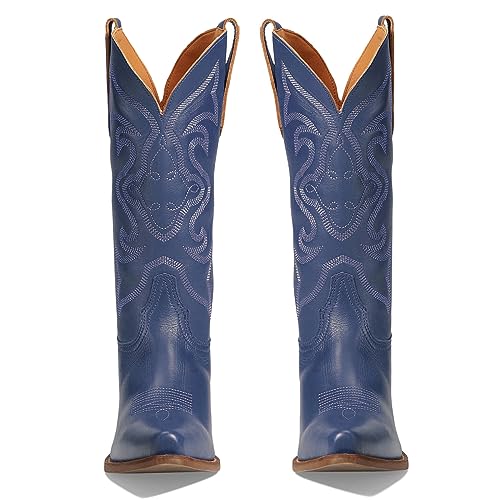 Image of LEHOOR Cowboy Boots Women Embroidered Mid Calf Western Boots Stacked Low Heel Pointed Toe Pull On Cowgirl Boot 4-11 M US
