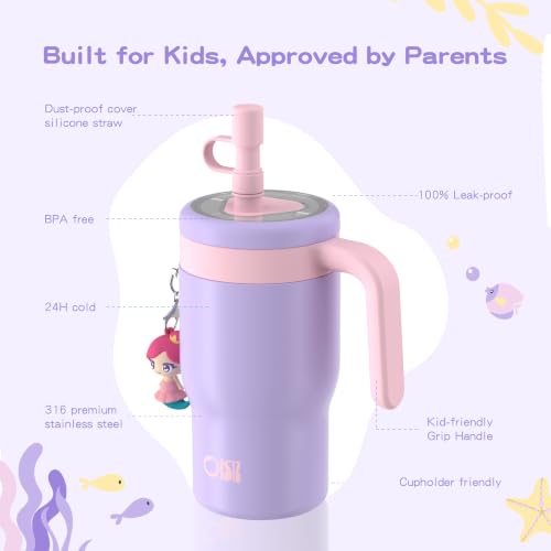 Image of OISIZ 14oz Kids Tumbler with Straw Lid & Handle,Kids Cup with Animal Accessory for School,Kids Water Bottles with Dust-proof Cover,Leakproof Water Bottles,316 Stainless Steel,Keep Cold 24 Hours-purple