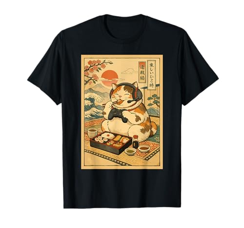 Japonés Gamer Cat Sushi Kawaii Estética Vintage Gamer Cat Camiseta