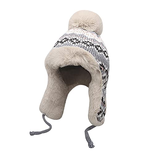 NICEYST Women Winter Beanie Hat Thick Fleece Lined Warm Earflap Trapper Hat Pom Pom Jacquard Knited Outdoor Ski Snow Cap (Gray)