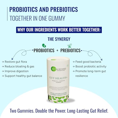 Image of Gut and Beyond Gut Health Gummies 60 Count | Probiotic and Prebiotic Supplement | Relieves Bloating and Gas | Better Digestion and Immunity | Orange Flavour