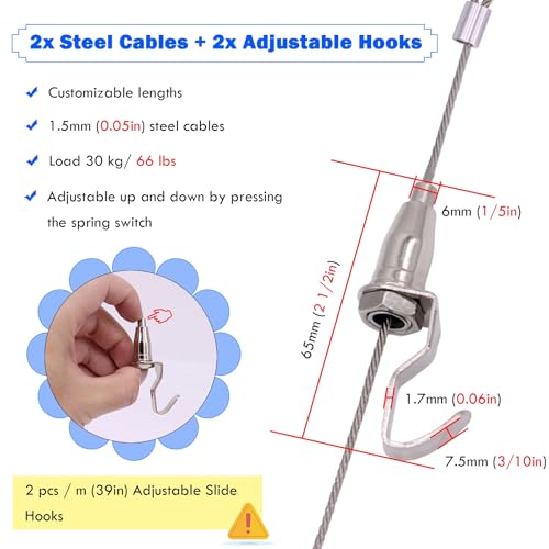 Image of AMUFJJ Adjustable Heavy Duty Picture Wire Hanging Kit 200 Lbs, Gallery Rail Hardware for Living Room /Art Exhibitions, Hanging Photo Display Wall Decor(58 inch /147.3cm Rail,9.8' /3.0m Cable)