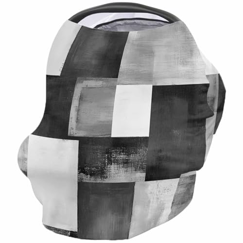 Grey White Plaid Ombre Nursing Cover for Breastfeeding Scarf, Abstract Geometric Oil Painting Baby Car Covers Super Soft Multi Use for Canopy Shopping Cart Cover Blanket Stroller Cover