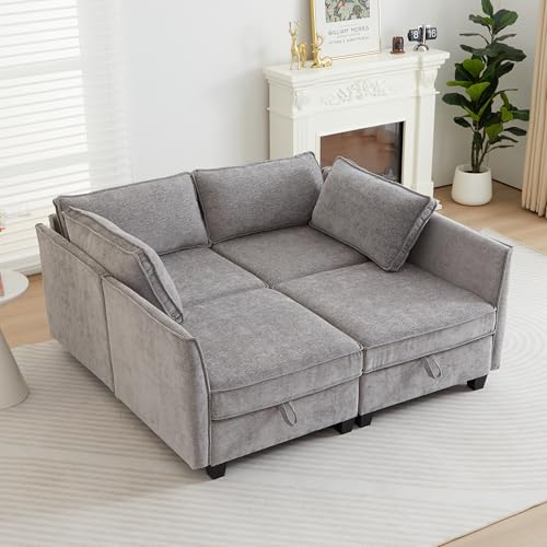 Image of ORRD Sleeper Modular Sectional Sofa Set, Convertible Couch Bed with Storage, 4 Seater and 4 Armrestes Sofa Modular for Living Room, Office (Grey)