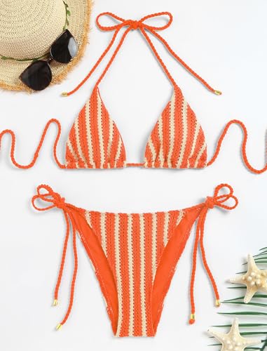 Image of ZAFUL 2 Piece Triangle Bikini for Women Knitted Rope Halter Bikini Sets Sexy Bathing Suit Side Tie Swimsuits Beachwear