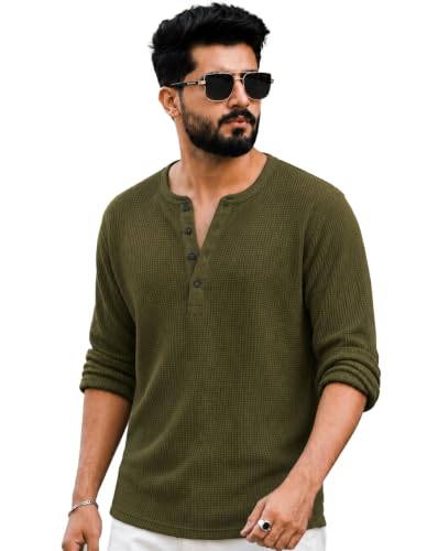 Image of AUSK Men's Waffle Knit Henley T-Shirt | Cotton Blend Full Sleeve Textured Casual T Shirt | Regular Fit Button Placket Round Neck Tshirt for Men