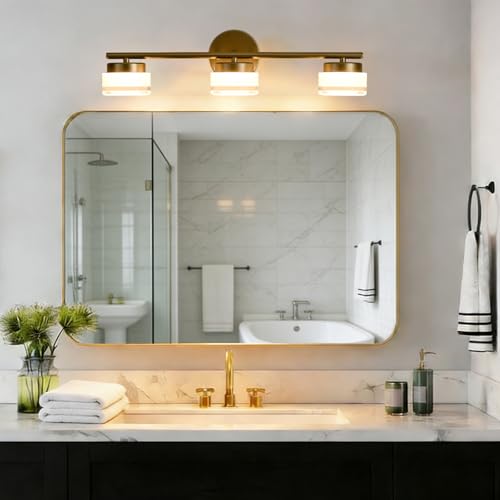 Image of Modern Gold 3-Light LED Bathroom Vanity Light with Acrylic Shade | 3000K Warm White Vintage Vanity Lights, Wall Sconces for Bathroom Bedroom Entryway Living Room