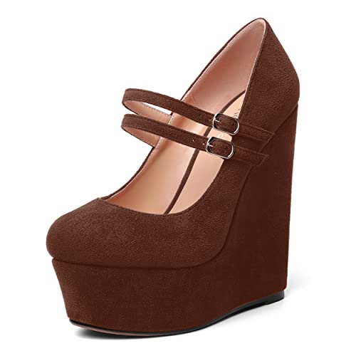 MOVINSTEPS Womens Suede Buckle Party Round Toe Adjustable Dual Straps Mary Jane Platform Dress Wedge High Heel Pumps Shoes 6 Inch