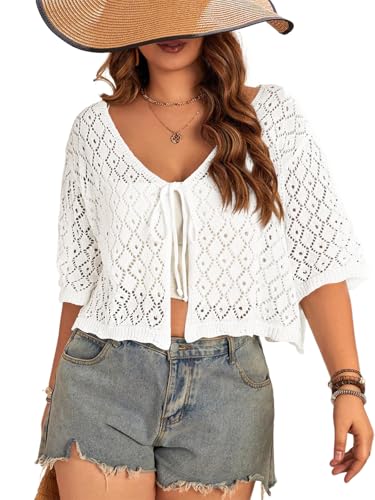 Image of Women's Plus Size Crochet Cardigan Crop Short Sleeves Tie Front Lightweight Knitwear