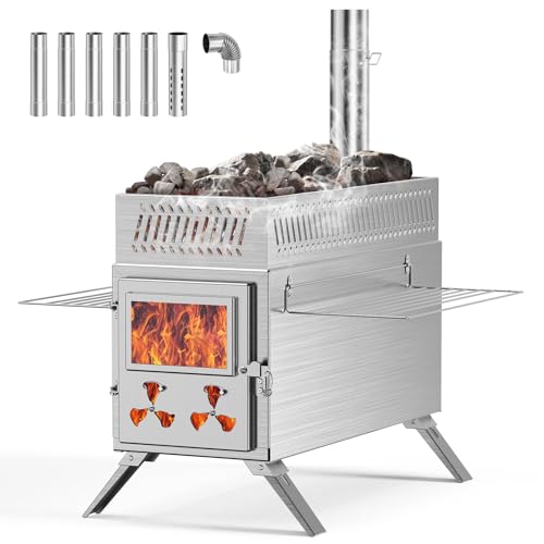 Wood Burning Sauna Hot Tent Stove, 2 in 1 Tent Wood Burning Stove with Chimney Pipe for Outdoor Camping Heating