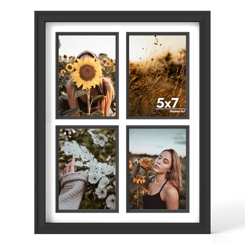 iRahmen 5x7 Collage Picture Frame with Tempered Glass - Wood Photo Frames Display Four 5 x 7 Pictures with Mat Home Decor Wall Mount Black
