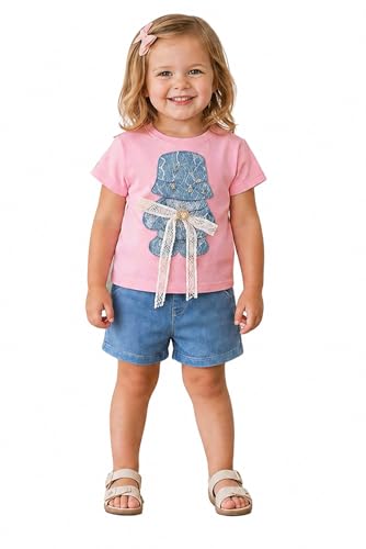 Image of Bold N Elegant Baby Girl Cotton Printed Cute Duck Cartoon Bow Embellished T-Shirt Top & Shorts Summer Casual Clothing Set