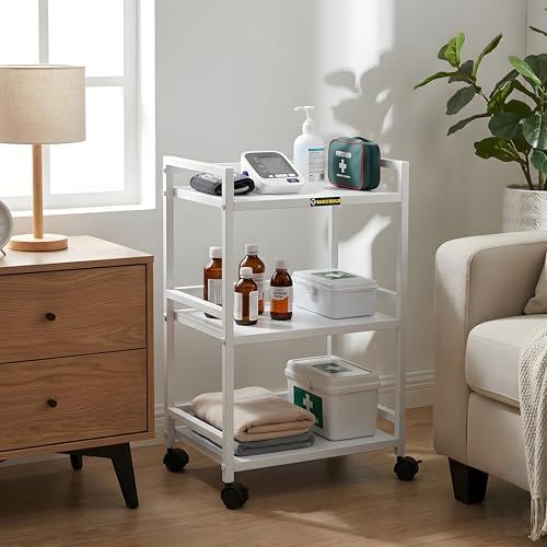 Image of Premium 3-Tier Metal Hospital Trolley with 4 Smooth Castor Wheels | Medical Instrument & Surgical Equipment Cart for Clinics, OT, Doctors & Hospitals (White)